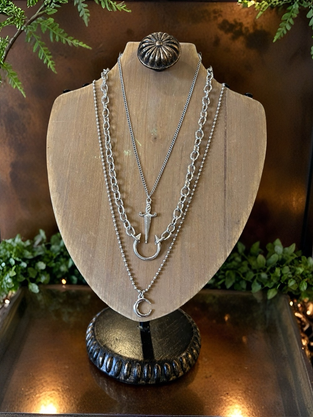 Layered Silver Dagger Septum Ring and Crescent Moon Necklace Set - Unisex Jewelr